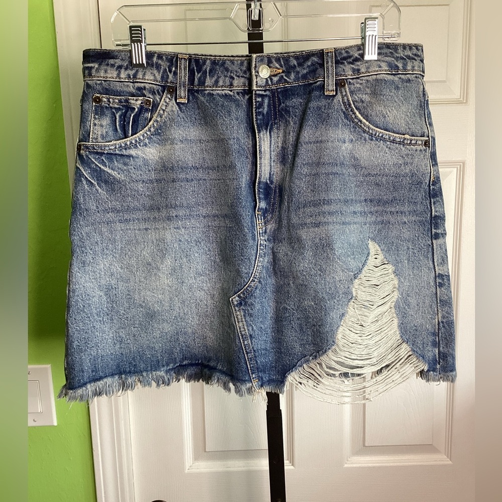 Topshop Distressed Denim Mini Skirt, size 10